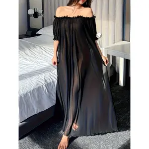 Women'S Elegant And Charming Transparent Mesh Shoulder Ruffle Long Sexy Nightgown Nightdress