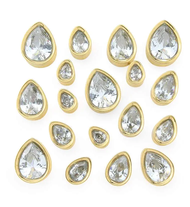 Gold PVD Teardrop Clear CZ Stainless Steel Tunnels Gold PVD Teardrop Clear CZ Stainless Steel Tunnels