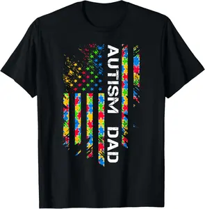 100% Cotton Autism Dad Awareness American Flag USA T-Shirt