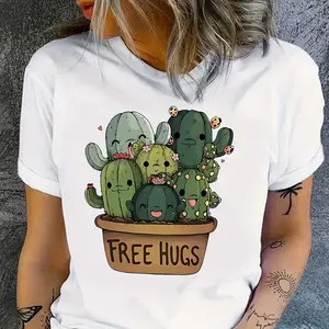 "FREE HUGS" Cute Cactus Potted Plant Oversized Cotton T-Shirt, Funny Succulent Graphic Tee, Comfort Casual Outfit, Perfect Plant & Humor Lover Gift, Ideal Everyday Outfit