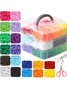 3 Layer Boxed Pony Beads, 3600pcs 6x9mm, Bead Assortment, 18 Solid Colors, Ideal for Friendship Bracelets, Necklaces, DIY Jewelry Making, Portable Storage