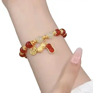 Women's Chinese Court-Style Lucky Peanut Bracelet Bangle, Electroplated with Red Beads & Gold Charms, 1pc Elegant Design, Ideal Mother's Day Gift