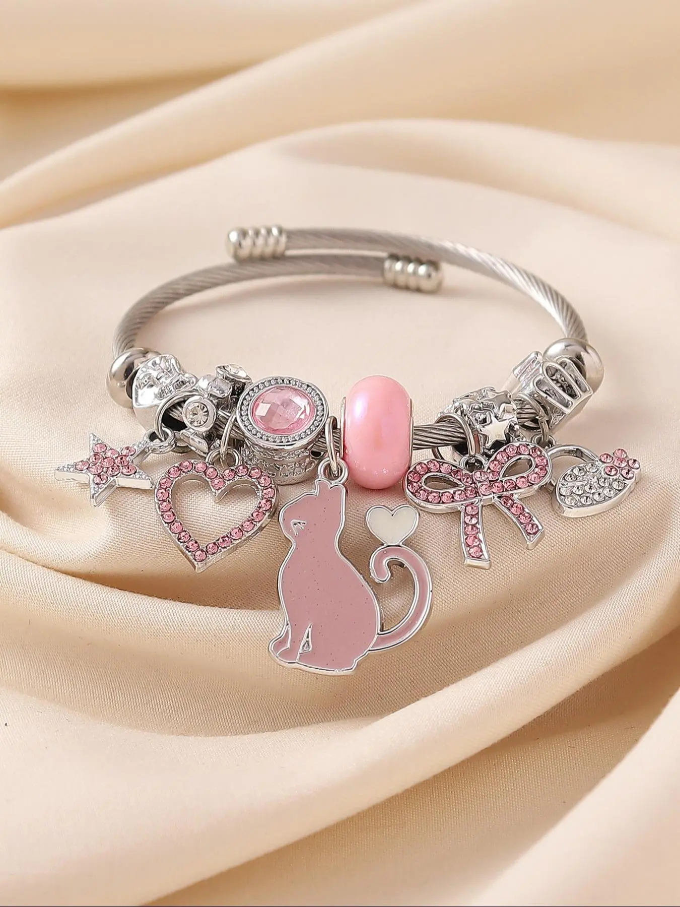 Cute Cat Design Charm Bracelet, Fashionable Jewelry for Women & Girls, Trendy All-match & Exquisite Jewelry for Birthday Gift, Trendy Stack Bangle, Charms Bracelet, Bracelet with Pendant