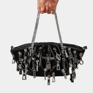 Black Zipper Charm Shoulder Bag, Punk Chain Purse, Y2K Handbag