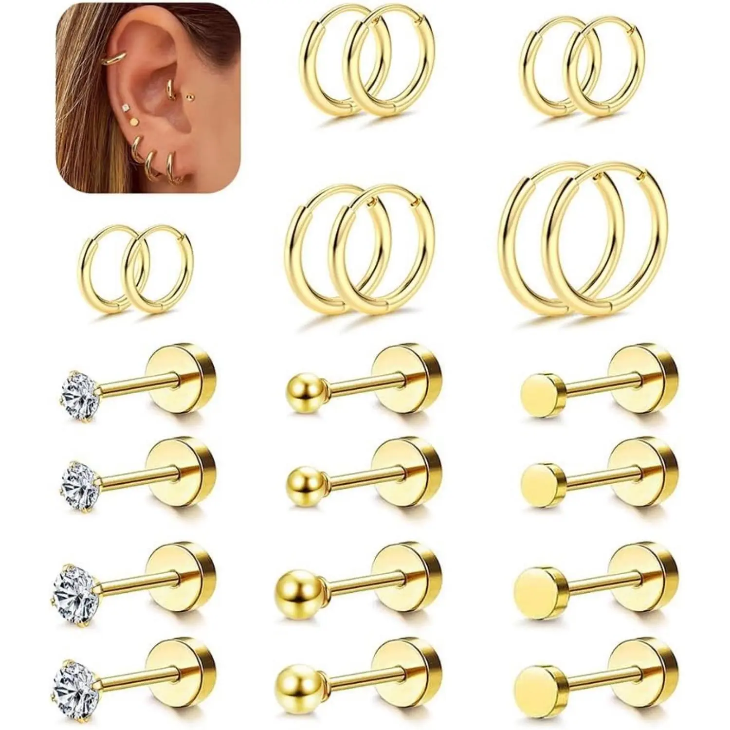 Gold Tone-Ball&CZ&Dot&Hoops