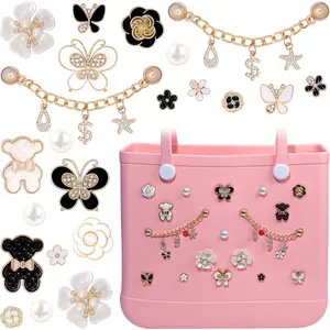 Charms for Bogg Bag, Pearls Butterfly Flowers for Bogg Bag Accessories Charms, Gold Charm & Bling Pendant Chain Compatible with Simply Southern Beach Bags Tote, Insert for Rubber Beach Tote Handbag (22 Pcs)