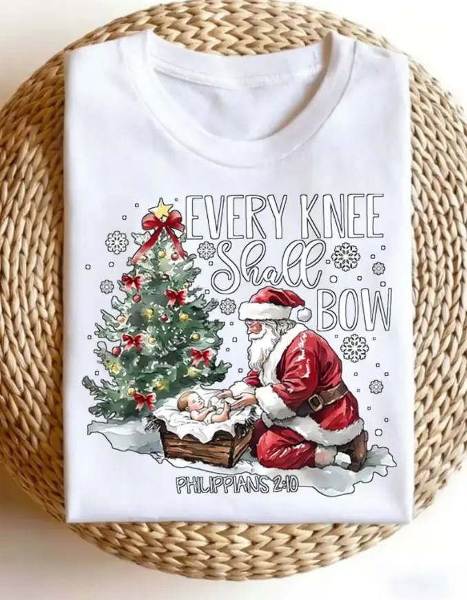 Every Knee Shall Bow Santa Christmas Nativity Scene TShirt Casual Crew Neck Tee with Santa Print Regular Fit Holiday Apparel for Adults Christmas Shirtsi0Women's Round Neck Top, Casual and Versatile.