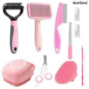 Nutriland 10PCS Pet Grooming Tool Set , Hair Grooming, Oral Hygiene Tools, Dog and Cat Grooming Supplies, Pet Supplies, Short-haired and Long-haired Dog/Cat Cleaning Kit (Pink)