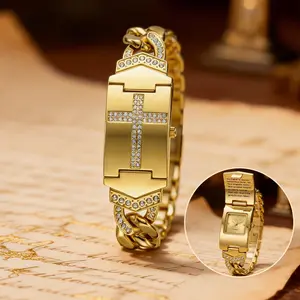 【Gold Cross Bracelet Watches】Crystal Cross Inlaid Luxury Watch with Geometric Rectangular Dial and Premium Metal Band, Effortless Daily Elegance, Wonderful Mother’s Day Gift Choice