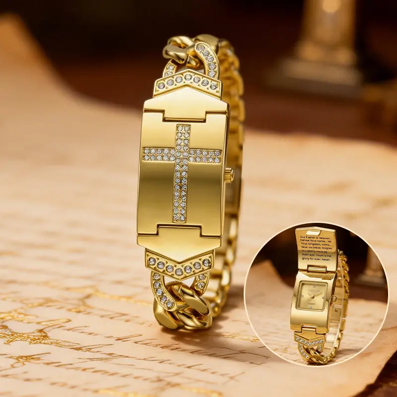 【Gold Cross Bracelet Watches】Crystal Cross Inlaid Luxury Watch with Geometric Rectangular Dial and Premium Metal Band, Effortless Daily Elegance, Wonderful Mother’s Day Gift Choice
