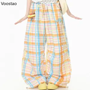 Sweet  Plaid Heart Print Wide Leg Cargo Pants Women Casual Cute Embroidery Baggy Trousers Female Streetwear Straight Pants