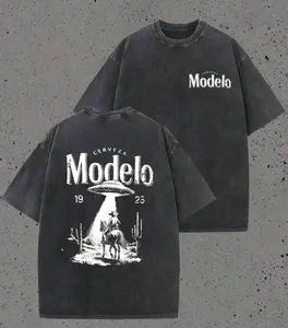 Modelo UFO Cowboy Graphic-Shirt – 230g Heavyweight Vintage Washed Cotton Retro Streetwear Tee With Cerveza Modelo Letter Print, UFO Western Cowboy Desert Scene Design, Y2K Oversized Casual Short Sleeve Men's Summer Fashion