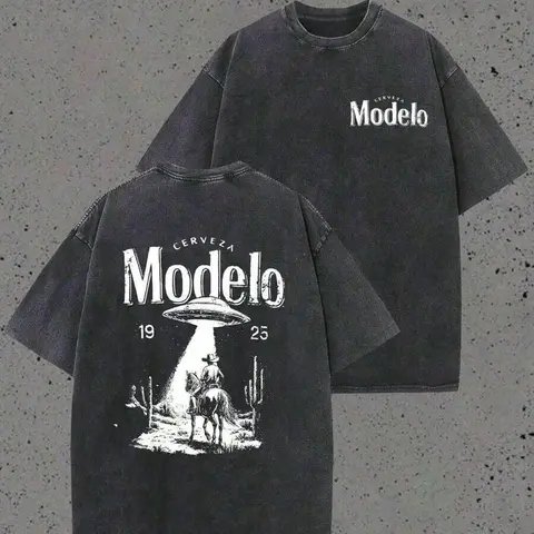 Men's 230g Heavyweight Vintage Washed Cotton Oversized Round Neck Short Sleeve Tee Top - Cowboy UFO Desert Scene, Cerveza Modelo Letter Print, Retro Graphic, Streetwear Clothing, Concert Wear, Drippy Clothes, Everyday Casual Gift for Him