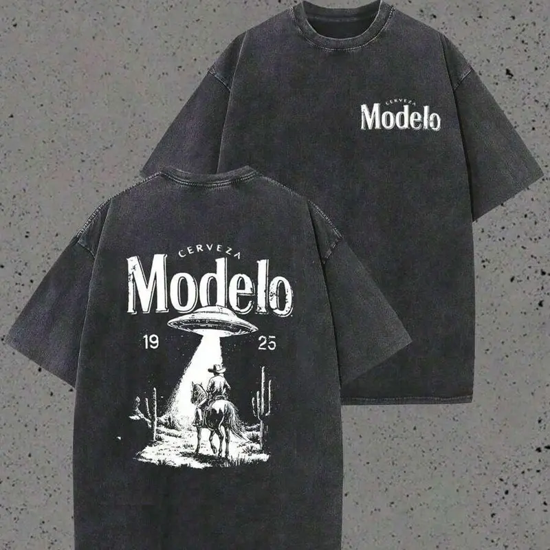 Men's 230g Heavyweight Vintage Washed Cotton Oversized Round Neck Short Sleeve Tee Top - Cowboy UFO Desert Scene, Cerveza Modelo Letter Print, Retro Graphic, Streetwear Clothing, Concert Wear, Drippy Clothes, Everyday Casual Gift for Him