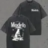 Men's 230g Heavyweight Vintage Washed Cotton Oversized Round Neck Short Sleeve Tee Top - Cowboy UFO Desert Scene, Cerveza Modelo Letter Print, Retro Graphic, Streetwear Clothing, Concert Wear, Drippy Clothes, Everyday Casual Gift for Him