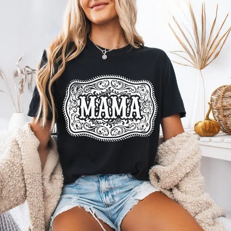 Women's Country Western Streetwear T-Shirt - Trendy Cowgirl Rodeo Graphic, Short-Sleeve Apparel, Casual Fabric Top for Moms