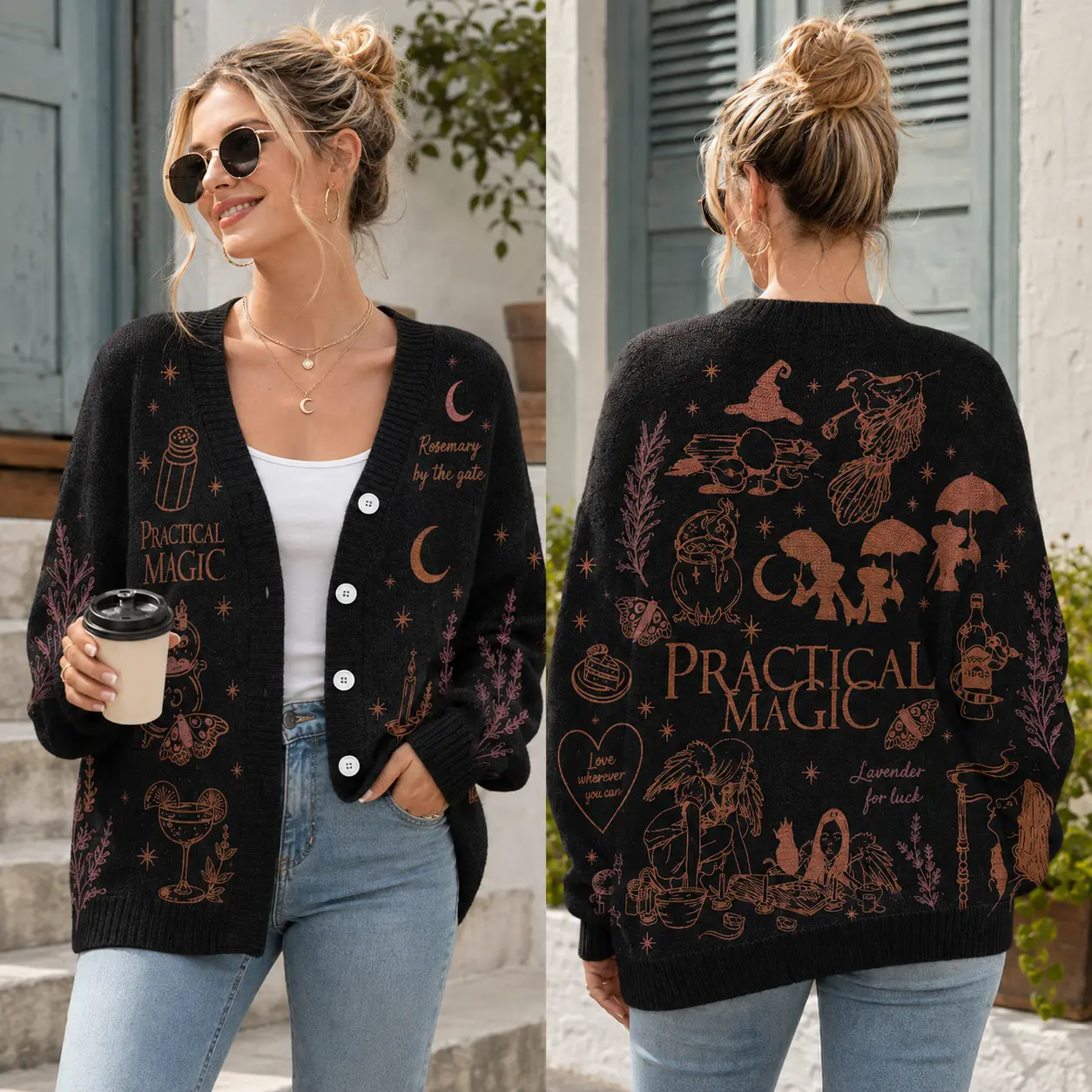 Women’s Witchy Halloween Cardigan Sweater, Vintage Gothic V Neck Button Up Knit Cardigan, Cozy Autumn Oversized Sweater, Spooky Season Gift for Her
