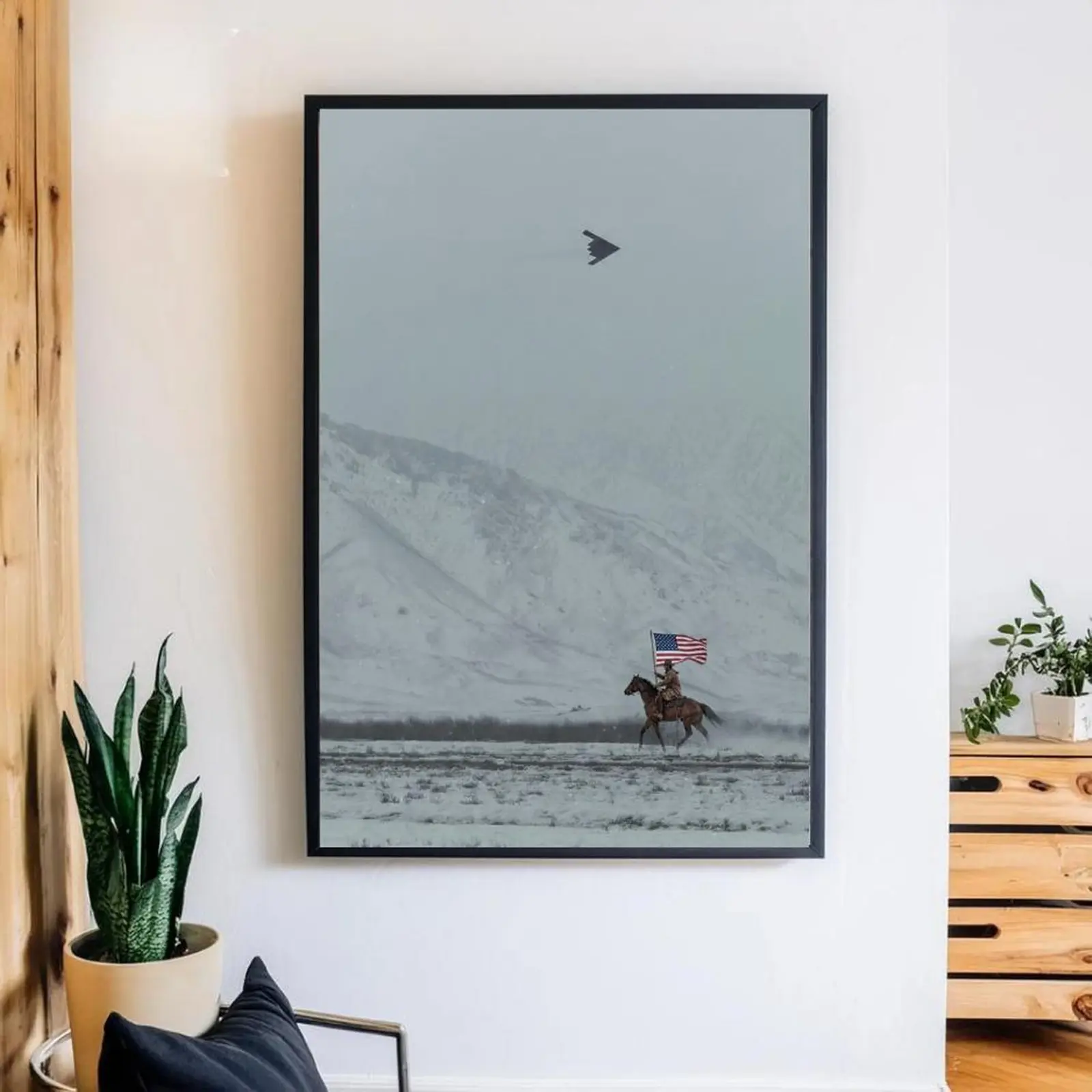 Cowboy on Horse and B2 Spirit Flying Satin Poster America Western Mountain Premium Wall Art Poster Unframed HD Print Home Office Decor Trendy Gift