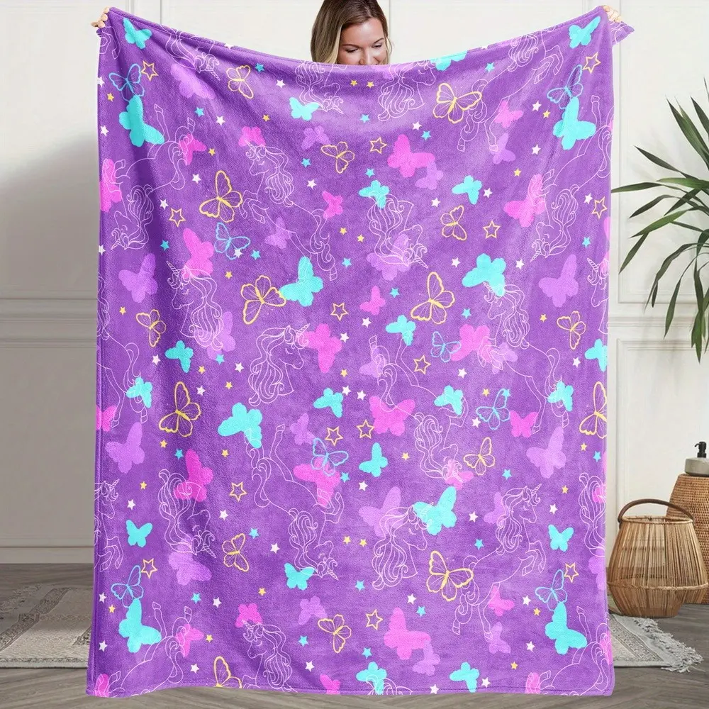 Celestial Cartoon-Inspired Flannel Plush Blanket - Butterfly Pattern, Unicorn & Stars Print, Cozy Warm Texture, 50x40in Small for Girls, Multi-Size, Bedroom Use, Ideal Birthday Gift & Home Decor, Butterfly Pattern Blanket, Cozy Warm Blanket