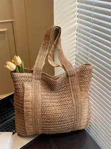 Korean Style Large Capacity Straw Beach Bag, Tote Bags, Handheld Shoulder Strap, Perfect for Daily Use, Beach Vacation, Travel, and Outdoors
