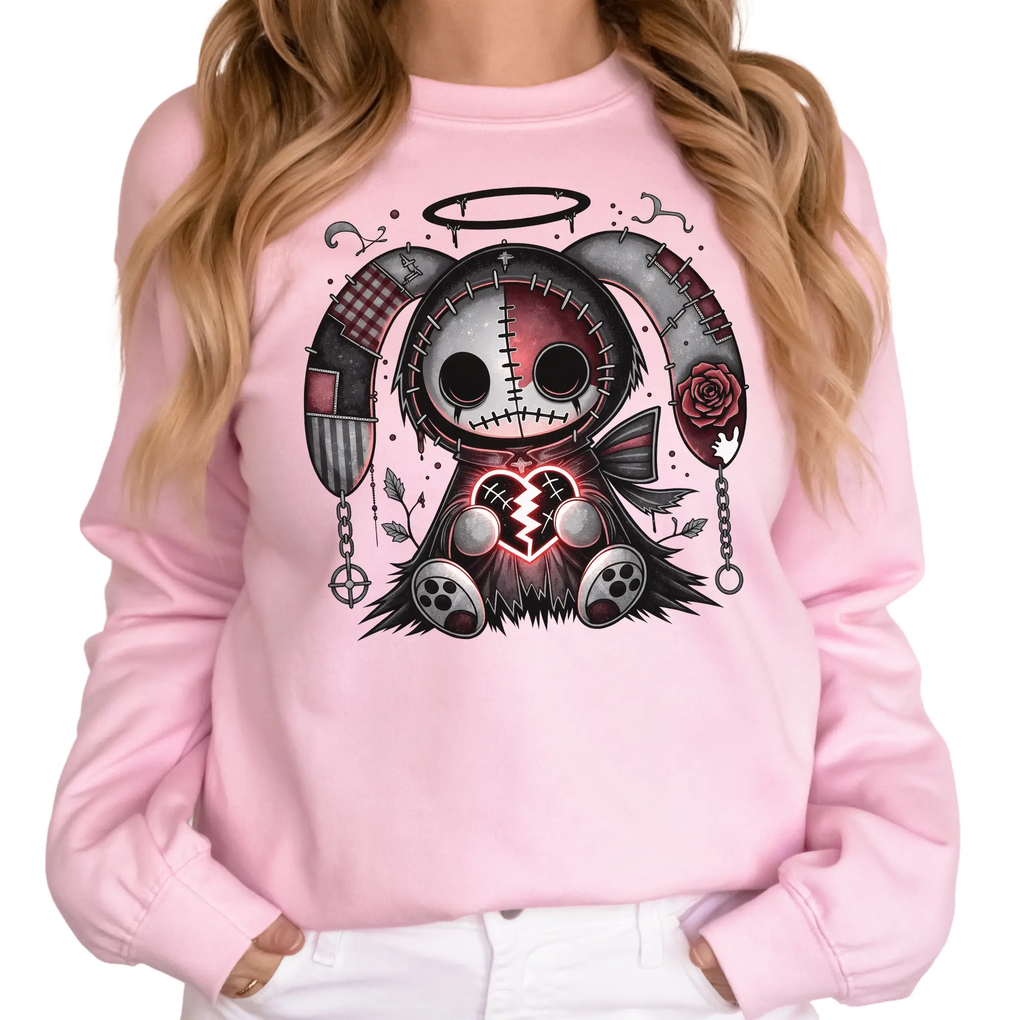 Broken Heart Plush Bunny Sweatshirt Goth Cute Skull Halo Medium-heavy 50/50 Cotton-Poly Blend Embroidered Options OEKO-TEX Certified