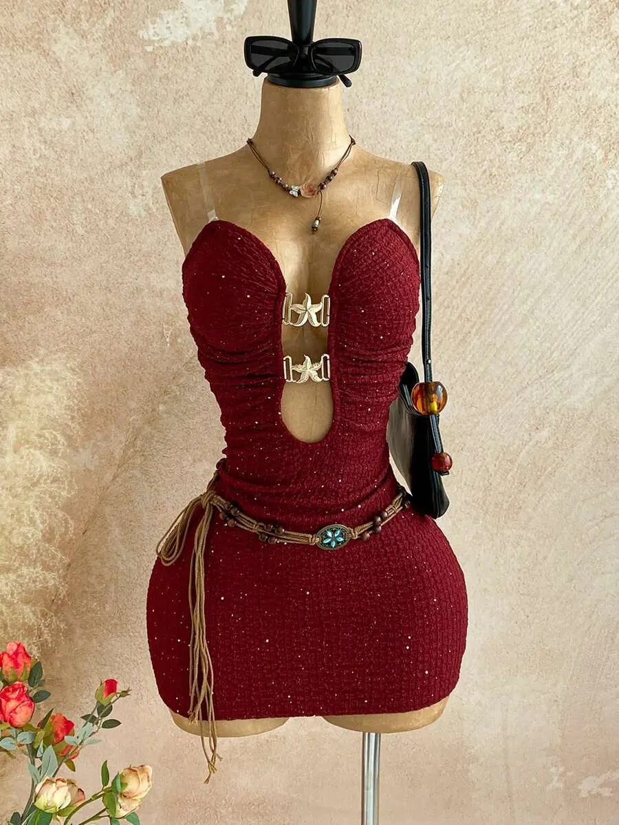 Soleia Romantic Vintage Western Style Strapless Mini Dress, Wine Red With Gold Foil Fabric, Suitable For Soleia Romantic Vintage Western Style Strapless Mini Dress, Wine Red With Gold Foil Fabric, Suitable For