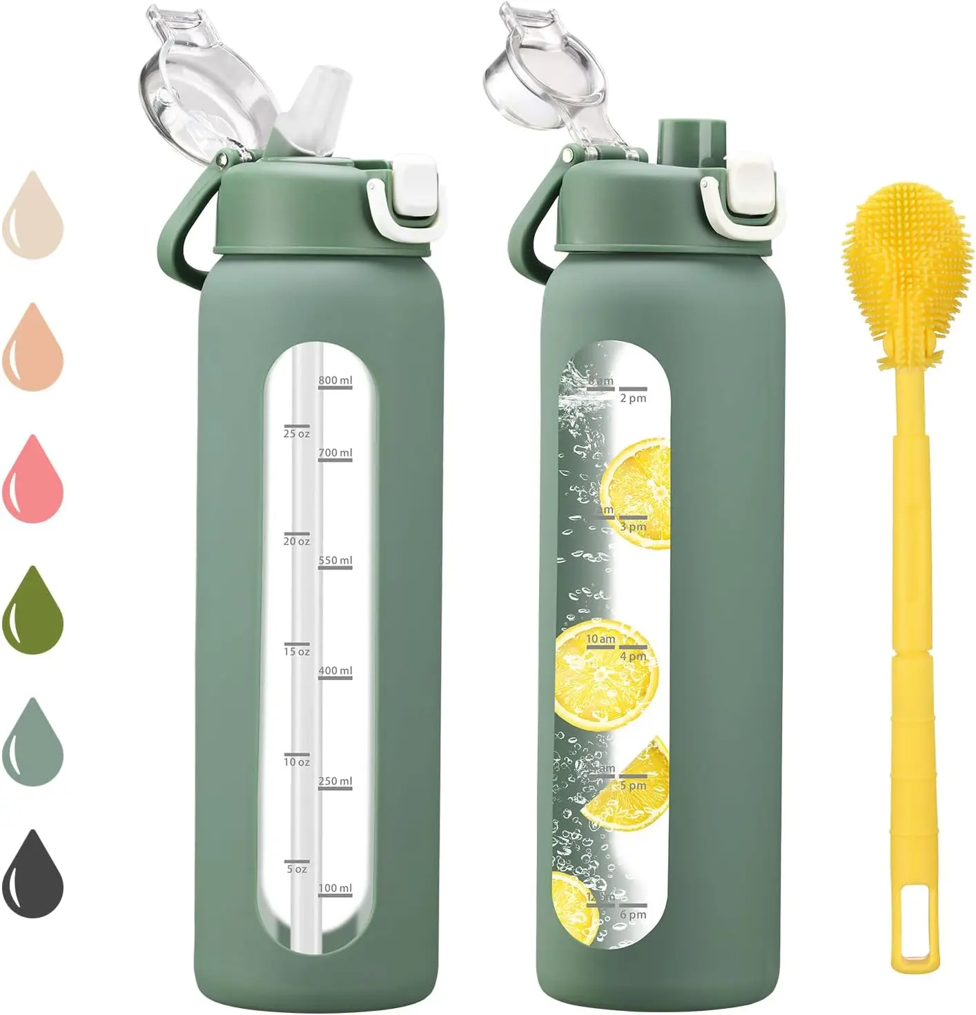 32 oz Glass Water Bottles with 2 Lids-Handle Spout Lid & Straw Lid, 1 Liter Motivational Borosilicate Water Bottle with Time Marker and  Sleeve,Leakproof-Olive-1 Pack