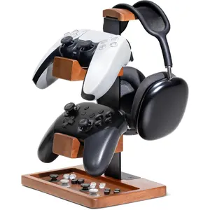 Solid Wood Controller Holder and Headphone Stand, Gaming Controller Stand for Desk, Dual Controller Organizer Rack, Fits Xbox, PS4, PS5, Gamepad, Headset Holder for Son, Husband, Boyfriend