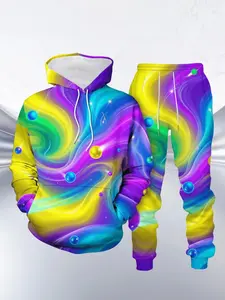Dreamy Rainbow Vortex 3D Print Hoodie Set, Sporty Long Sleeve Knit Top & Pants, Fall Winter Fitted Ankle Length