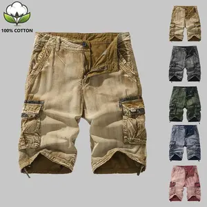 3 Pack Men's 100% Cotton Cargo Shorts Vintage Washed Denim Multi-Pocket Work Shorts Casual Outdoor Utility Shorts with Drawstring Hem, 5 Colors Available