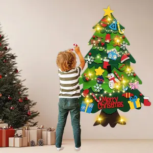 Felt Christmas Tree for Toddlers, 3.2ft Wall-Mounted Tree with 32 Ornaments & LED String Light, Wall Hanging Decorations, Felt Craft Kits for Xmas Party Favors