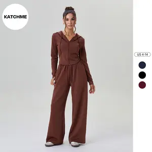KatchMe Women's Casual Solid Color Hooded Zipper Stretch Long Sleeve Top & Wide Leg Trousers Co-ord, Comfort Set for Spring & Fall, Two Piece Outfits（CN）