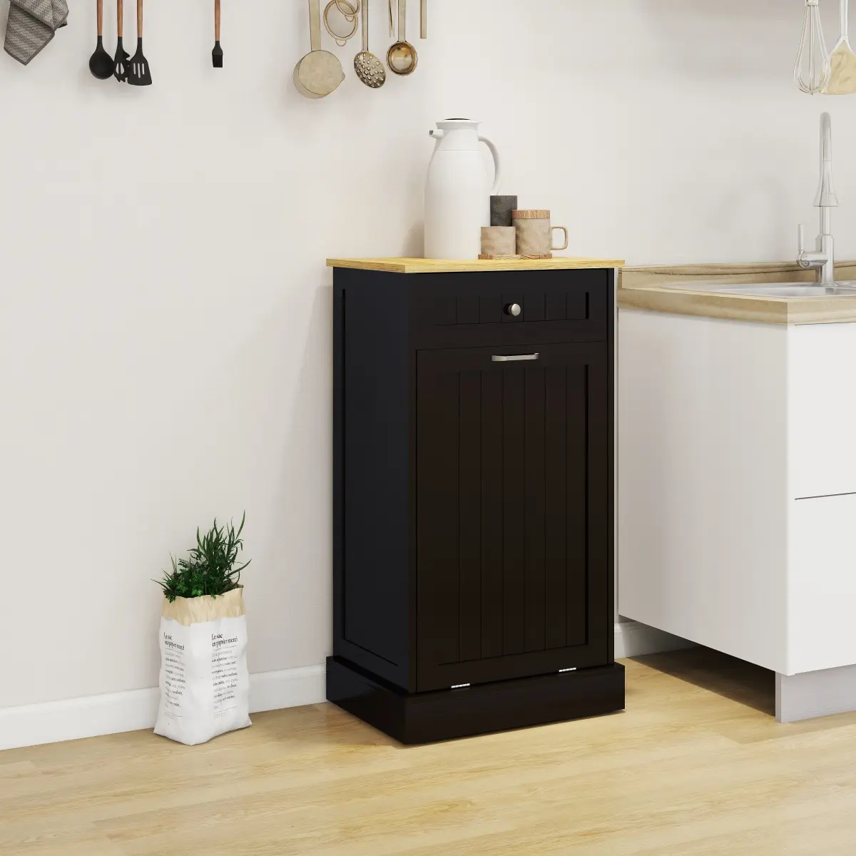 [Fahuac] Black Tilt-Out Trash Cabinet with Bottom Drawer, 10-Gal Hidden Kitchen Waste Bin, Odor-Blocking Pet-Proof Floor Unit with Compartments, Door Holders, Clever Storage, Cleaning Prep Surface, Assembly Installation Required for Kitchen, Laundry, E1 M