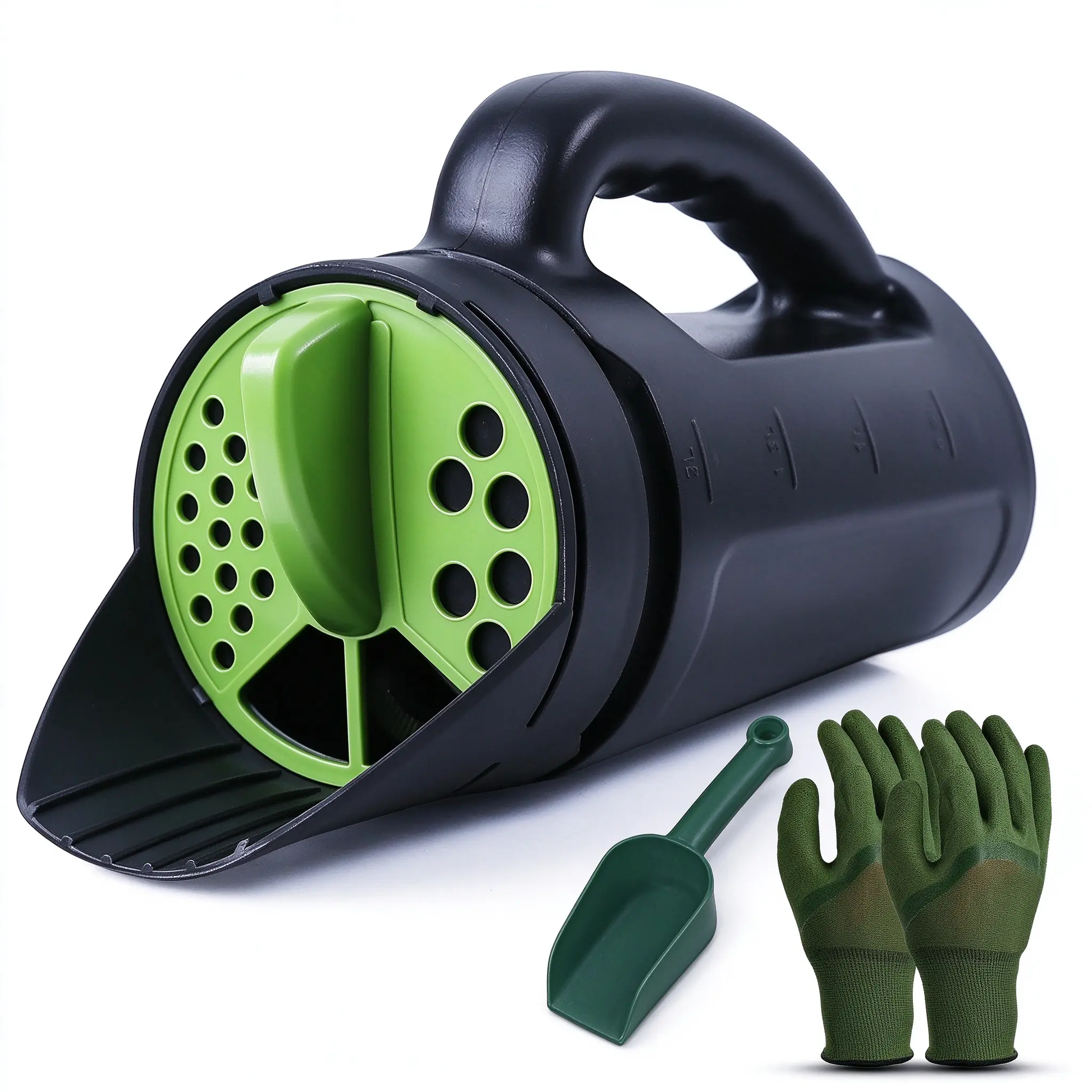 Heavy Duty 3-in-1 Handheld Portable Seed Spreader Tool - 80oz (2.5L) Capacity, 12.9×4.7in Size, Durable Construction for Long-Season Use, Adjustable Opening, Even Granule Spread for Walkway/Yard, Free Gloves, Garden Supplies