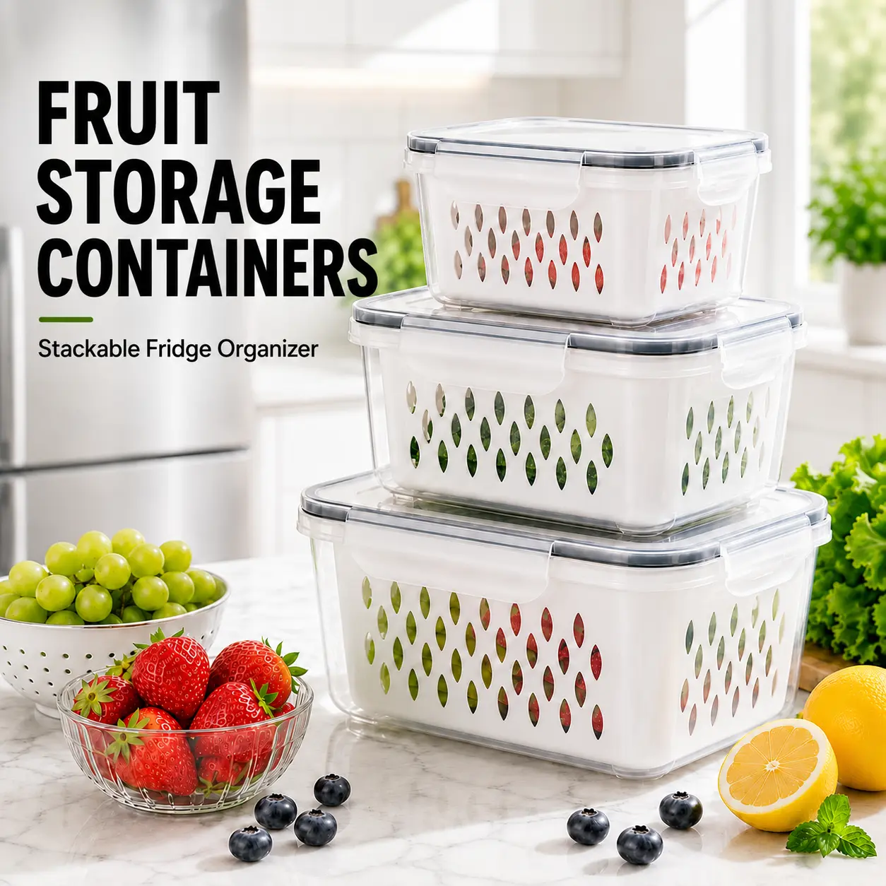 MIUVA Fruit Storage Containers  3 Piece Stackable Produce Storage Bins with Removable Colanders Fridge Organizer for Fruits Vegetables Berries and Kitchen Supplies Gray