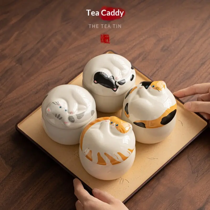 Cat Shape Ceramic Sealed Jar Canister, Mini Moisture-Proof Storage Container, Kitchen Food Storage, Desktop Decoration & Organization