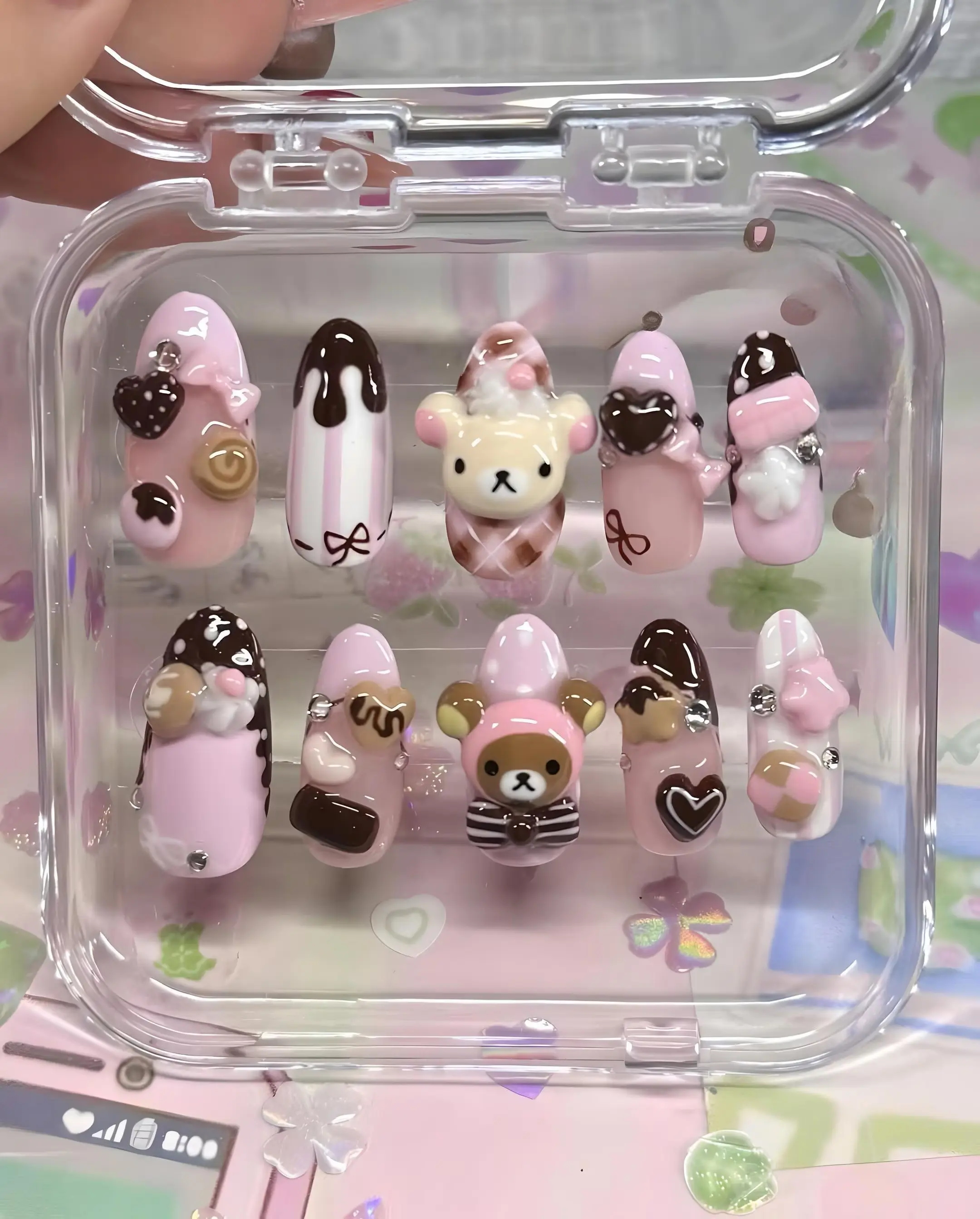 3D Bunny Press on Nails, Kawaii Chocolate Dessert Art