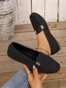 Women's Classic Multicolor Flat Shoes, Stylish Comfortable Casual Footwear, Fashionable Flats Shoes, Slip On Flats, Advanced Chic Design with Slanted Metallic Chain Decoration, Slip On Style