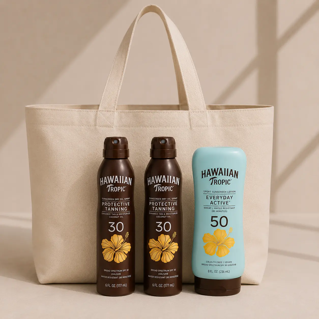 Beach Essentials Tote Bag Bundle with Hawaiian Tropic SPF 30 & SPF 50 Sun Care Set