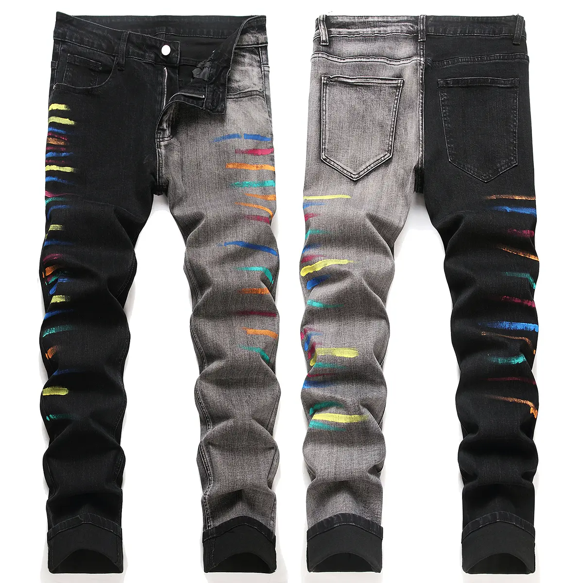 Men's AB face fashion vintage graffiti print jeans, stretch slim denim fabric, casual straight streetwear, suitable for all seasons