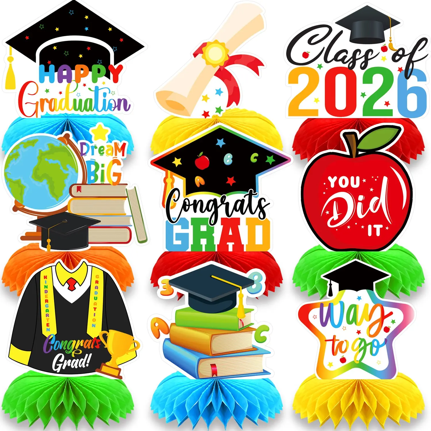 9pcs Pre-K Graduation Decorations, Honeycomb Center Table Decor, 3D Preschool Graduation Party Supplies, Graduation Ceremony Essentials, Party Event Props, Graduation Party Set