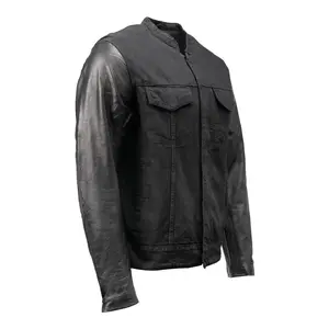 Milwaukee Leather MDM1003 Men's Black Denim Motorcycle Jacket with Leather Sleeves and Patch Back
