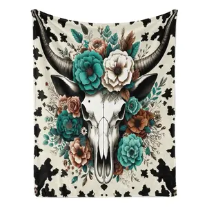 Cow Print Cow Skull Floral Western Flannel Throw Blanket Soft Cozy Warm Lightweight Plush Fleece Blanket Unique Christmas Holiday Gift for Boho Western Lovers Cowgirl Fans Couch Bed Sofa All Season Home Decor