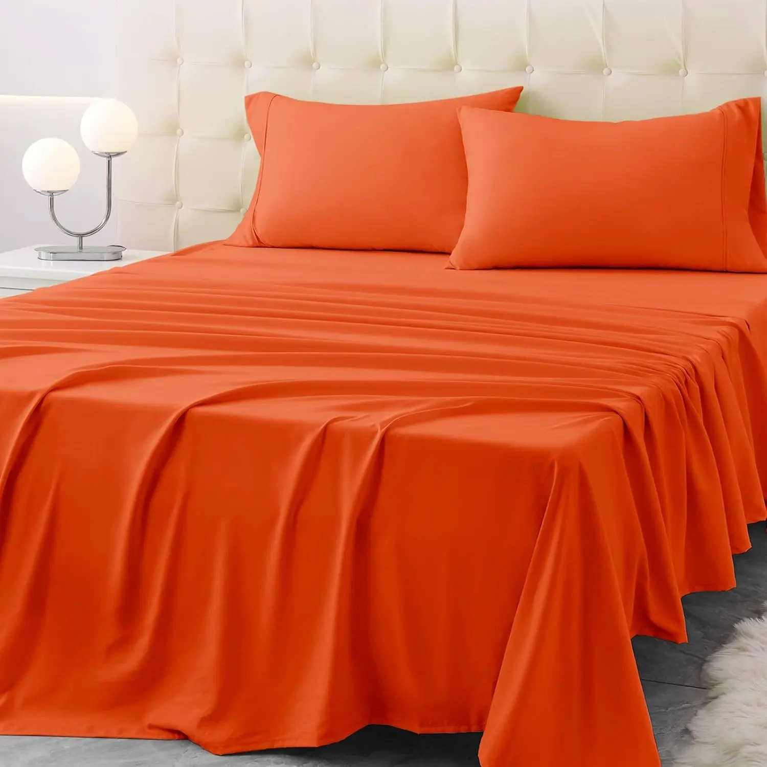 Queen Size Terracotta Bed Sheet Set - 4 Piece Soft Microfiber Sheets with Deep Pockets, Cooling Technology, and Wrinkle-Free Pillowcase. Hotel-Quality, Durable Bedding, Bright Orange