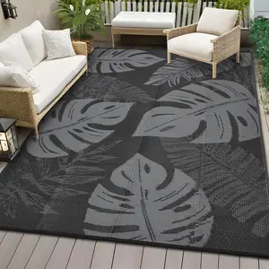 [GAOMON]Outdoor Patio Rug 9x12 Waterproof Plastic Straw Rug Reversible UV Resistant Camping Mat, Foldable Lightweight RV Picnic Mat with Portable Bag, Modern Outdoor Carpet for Yard, Black&Grey