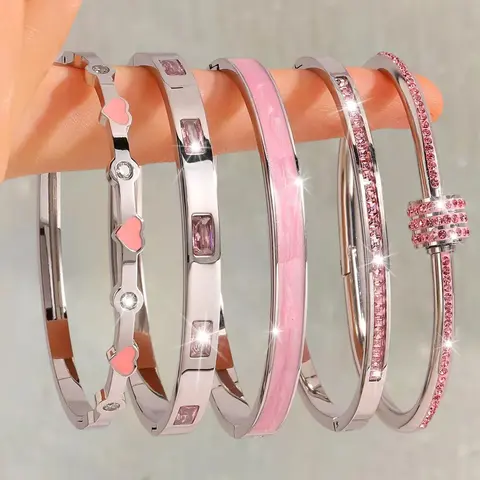 TMANI Women's 5PCS Elegant Stackable Gold/Silver Tones Luxe Look Bangle Set - Gold Bangles, Bracelets for Women, Includes Pink Friendship & Heart Design, Skin-Friendly, Smooth, Gentle on Skin, Lightweight, Subtle Glamour, Birthday Gift