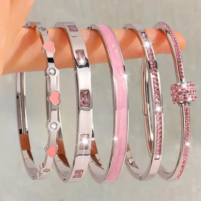 TMANI Women's 5PCS Elegant Stackable Gold/Silver Tones Luxe Look Bangle Set - Gold Bangles, Bracelets for Women, Includes Pink Friendship & Heart Design, Skin-Friendly, Smooth, Gentle on Skin, Lightweight, Subtle Glamour, Birthday Gift