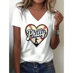 [Philly Heart Baseball Tee] Women's V-Neck T-Shirt - Philly Heart Baseball Design With Philadelphia Skyline & S Motifs |     Casual Short Sleeve Top, Machine Washable, Comfortable Material, Printed Tee, Perfect Gift For S Fans & Philly Lovers