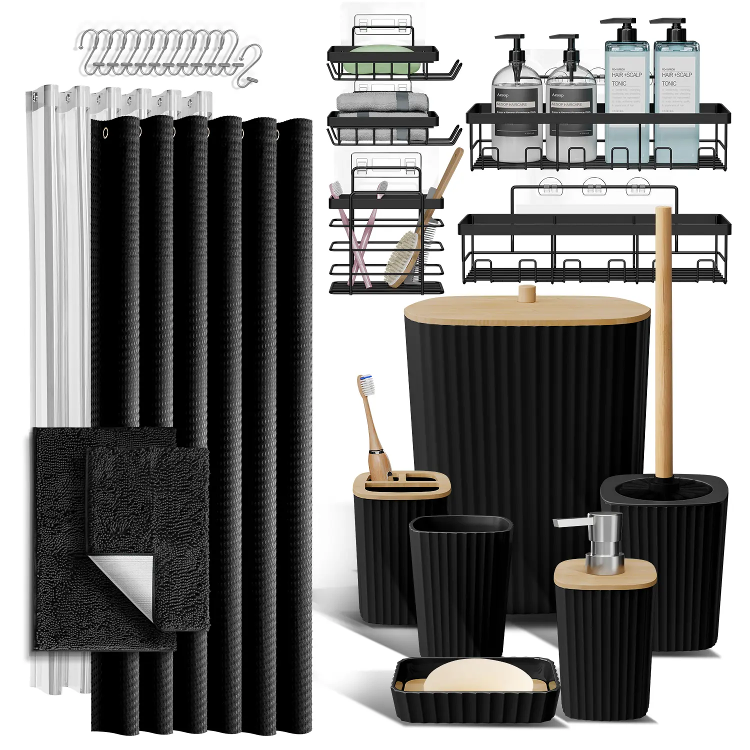 Hearth & Harbor Shower Curtain and Bathroom Accessories Complete 27 Piece Set for Bathroom Organization – Elegant Fine-Ribbed Design, Durable & Easy to Clean, Rust-Resistant Shower Curtain Rings.