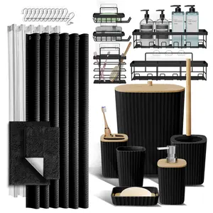 Hearth & Harbor Shower Curtain and Bathroom Accessories Complete 27 Piece Set for Bathroom Organization – Elegant Fine-Ribbed Design, Durable & Easy to Clean, Rust-Resistant Shower Curtain Rings.